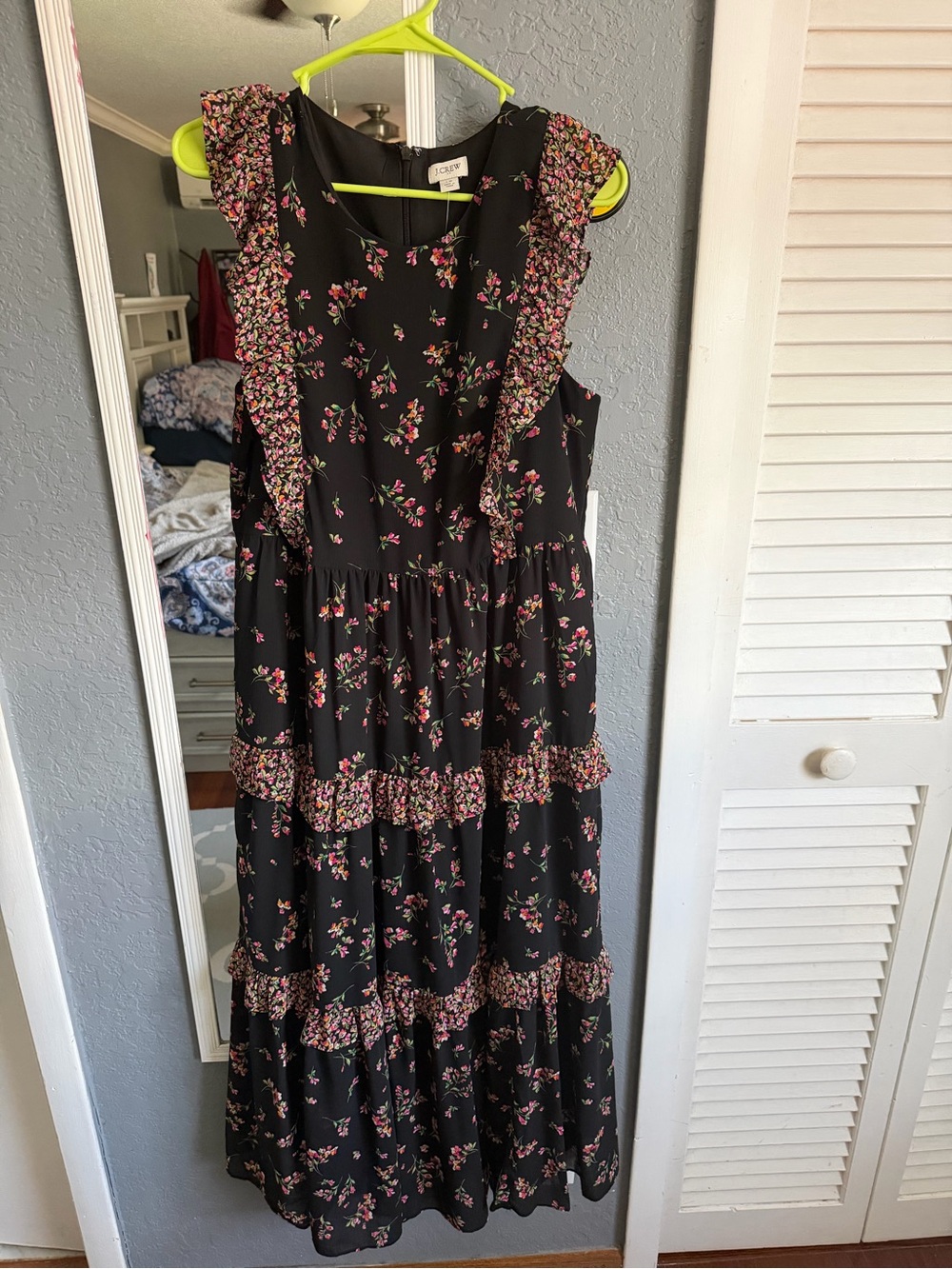 Jcrew Black Floral Ruffle Tiered Midi Dress